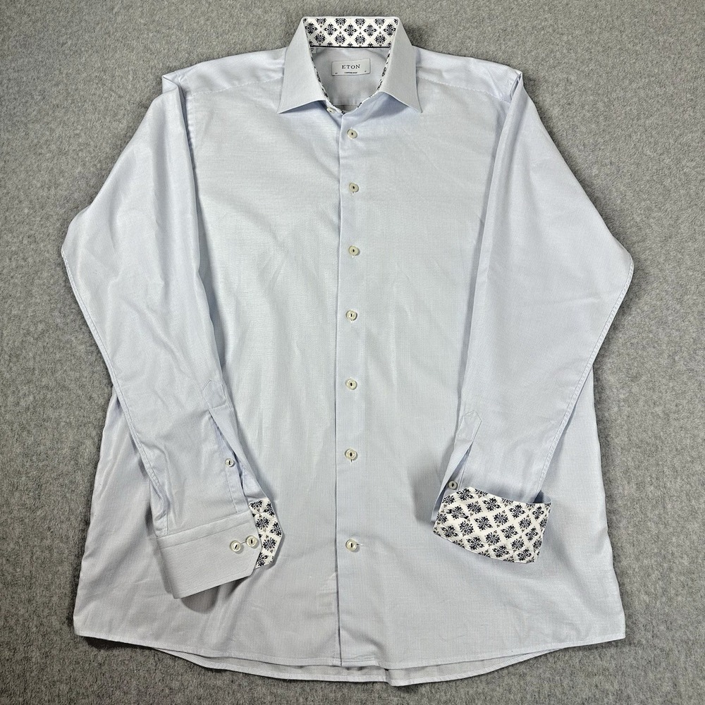 Eton Contemporary Dress Shirt Mens 17 43 Light Blue Medallion Collar Flip Cuffs
